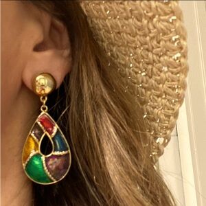 Gold-toned Teardrop Muli-colored Dangle Statement Earrings